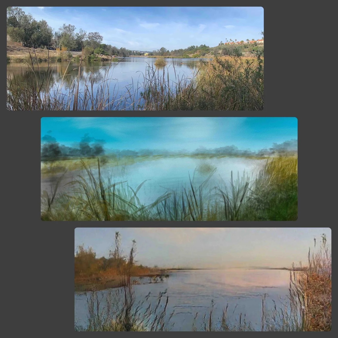 Top: the original photo I took. Middle: my painting. Bottom: GauGAN’s interpretation of my painting